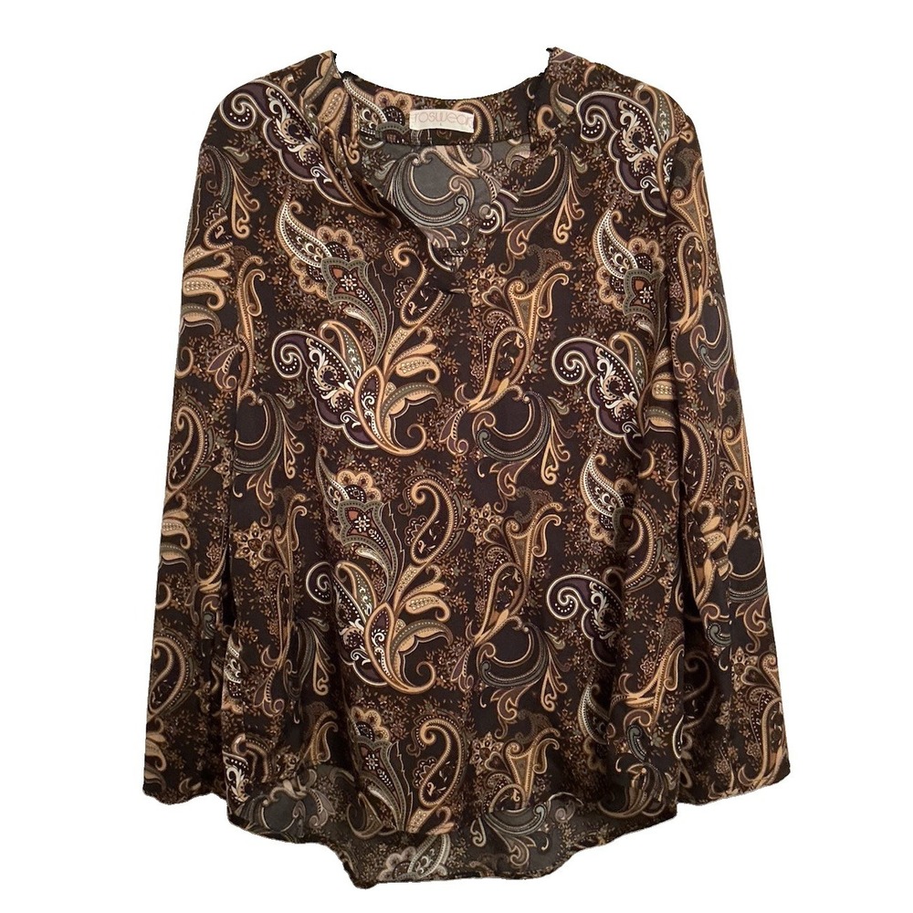 Roswear Women's Fall Autumn Paisley Career Wear Top Long/Roll Tab Sleeves Size L